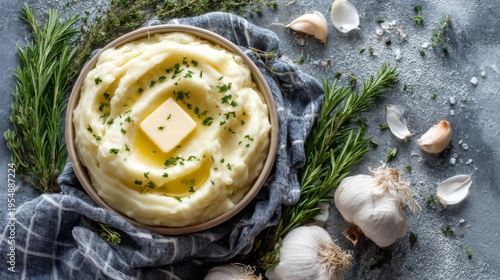 Creamy Mashed Potatoes with Butter and Fresh Herbs Surrounded by Garlic and Greenery on a Rustic Gray Surface