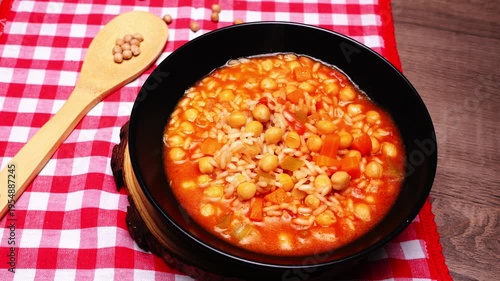 Assaggiare con un cucchiaio la zuppa di ceci e riso