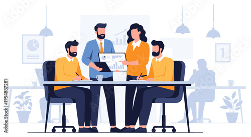 Diverse team collaborating around office table in modern minimalist style with soft lighting for business presentation