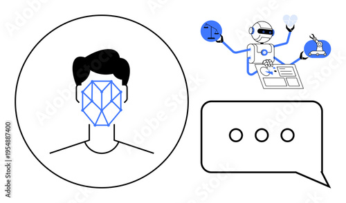 Artificial intelligence, biometrics, facial recognition, technology, innovation, digital communication. Human face with recognition grid, robot managing tasks speech bubble. AI and biometrics
