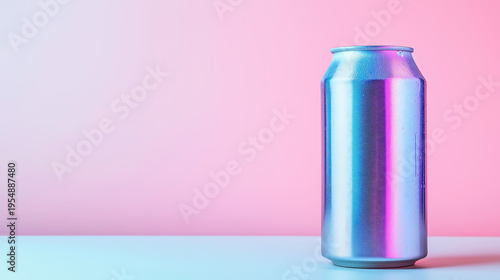 Rainbow soda can on pink gradient background, copy space for text, summer concept