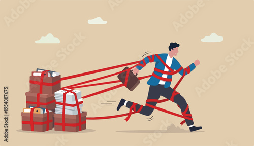 Business difficulty or struggle with career obstacle, limitation and trap or challenge overcome to success concept, businessman tied up with red tape trying to run away with full effort.