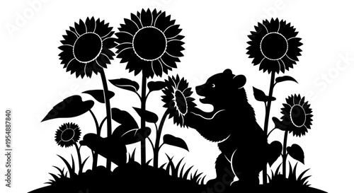 Black silhouette bear smelling flower.