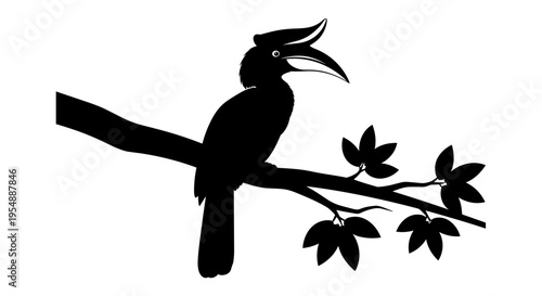 Black Silhouette Bird Perched Tree.