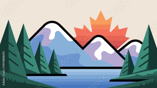 Canadian maple leaf sunset over snowy mountains and pine trees