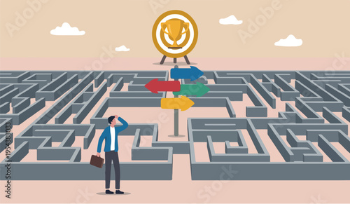 Path, contemplation business corporate marketing right success plaining achievement growth project businessman finding the way in labyrinth to reach target