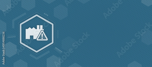 Industrial factory production error and manufacturing warning icon in hexagon blue background copy space and vector