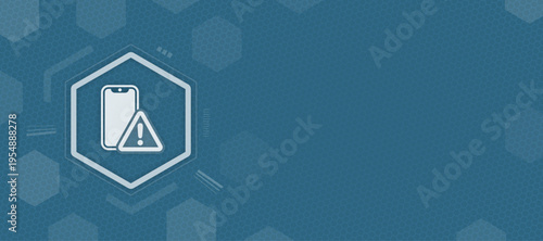 Mobile smartphone device error and phone connection warning alert icon in hexagon blue background copy space and vector
