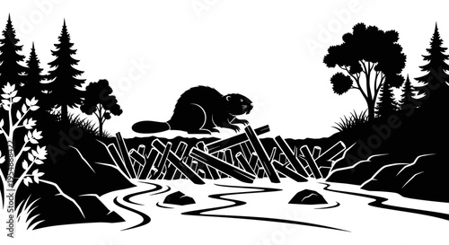 Black silhouette of beaver dam.