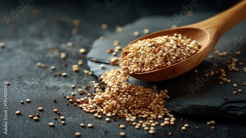 Raw Quinoa Seed Poured from Wooden Spoon onto Dark Surface with Textured Background Creating Natural and Organic Aesthetic for Culinary or Health Themes