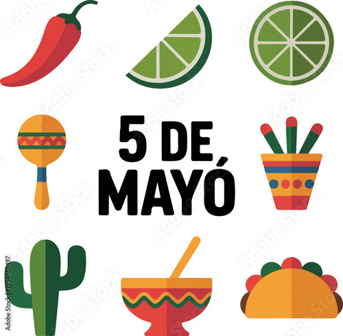 Cinco De Mayo Mexican Fiesta Icons With Text vector