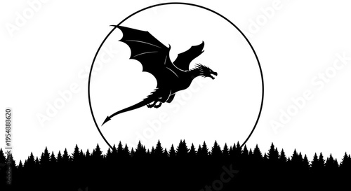 Black silhouette of flying dragon.