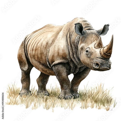 White Rhinoceros, watercolor vector, isolated on a white background.