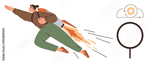 Innovation, career growth, new opportunities, success, exploration, productivity. Person with a rocket backpack flying forward and icons of a magnifying glass, cloud and gear. Innovation and career
