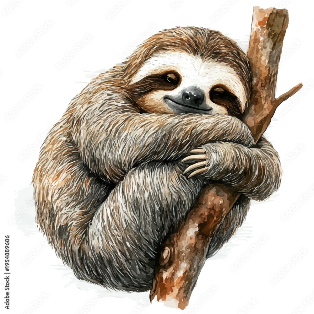 Fototapeta premium Sloth, watercolor painting vector, isolated on a white background.