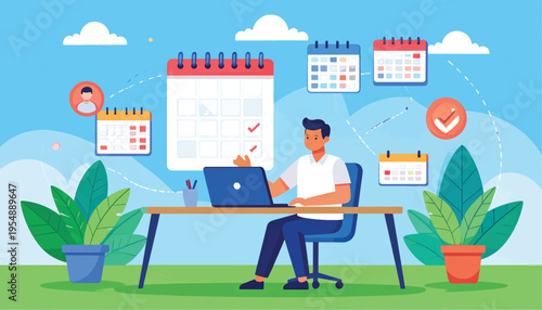 Man working on laptop at desk outdoors.