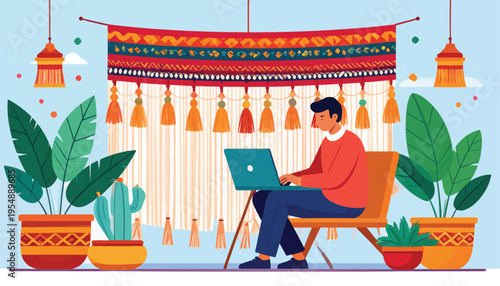 Man Working on Laptop in Decorated Room.