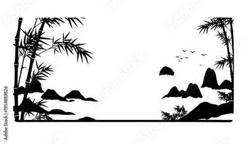 Chinese style vector banner illustrations with bamboo and ink landscape elements