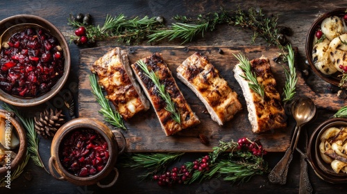 Grilled meat dish presented on a rustic wooden table with herbs, berries, and gourmet sides for a festive or seasonal dining experience