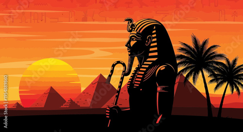 Ancient Egyptian Pharaoh Silhouette with Pyramids at Sunset
