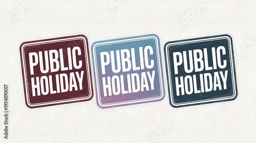 Three colorful signs announcing public holiday in different shades of red blue and dark grey