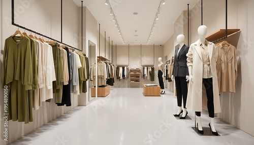 Modern clothing store interior with garments on racks and mannequins displayed. Spacious layout offers selection of apparel and accessories. Clean design showcases fashion trends. Fashion Retail Inter