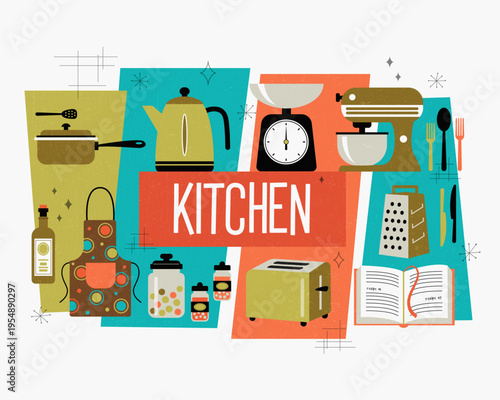 Vector Flat Illustration of Mid Century Modern Kitchen Essentials, Retro Cooking Set with Texture for Poster, Menu Design and Interior Decor: Teapot, Mixer, Toaster and Utensils on Geometric Backgroun