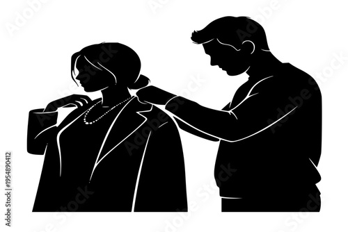 Husband Helping Wife with Coat Acts of Service Marriage Chivalry Caring Relationship Black Vector Silhouette