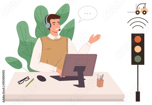 Customer service, communication, remote work, technology, logistics, transportation. A man in a headset gestures while sitting at a desk with a computer. Communication and remote work