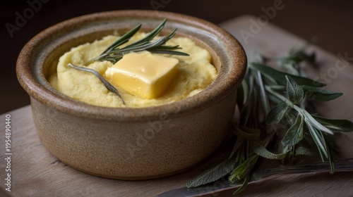 Creamy Polenta with Butter and Fresh Herbs in a Rustic Bowl for a Cozy Dining Experience
