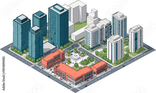 Modern Isometric Cityscape Vector Illustration Featuring Skyscrapers Urban Office Buildings and Green Park Area