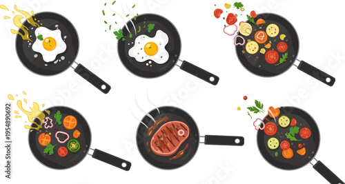 Frying Pan Cooking Set with Eggs Steak and Vegetables Top View Vector Illustration for Kitchen, Food Preparation, Recipe Design, and Culinary Projects