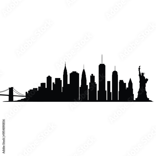 New york city skyline silhouette featuring the statue of liberty and brooklyn bridge