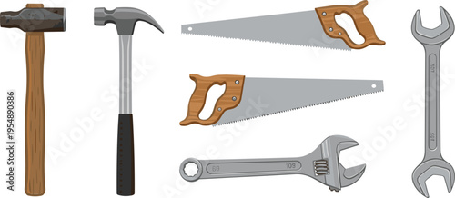 Hand Tools Set with Hammer Saw Wrench and Adjustable Spanner Vector Illustration for Construction Repair Maintenance Workshop and DIY Equipment Design Projects