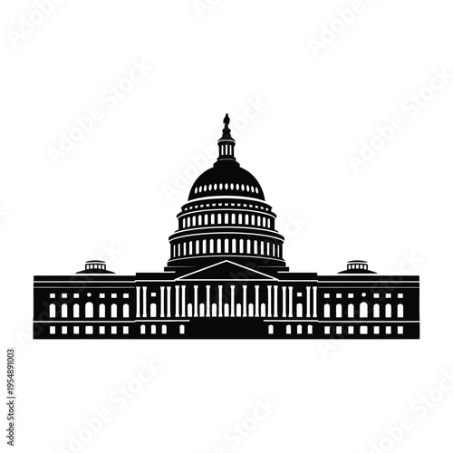 A stark black and white silhouette of the united states capitol building