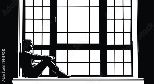 Lonely man silhouette sitting by large window indoors, emotional solitude and mental health concept, depression, sadness, reflection, isolation, dramatic light, isolated black vector illustration