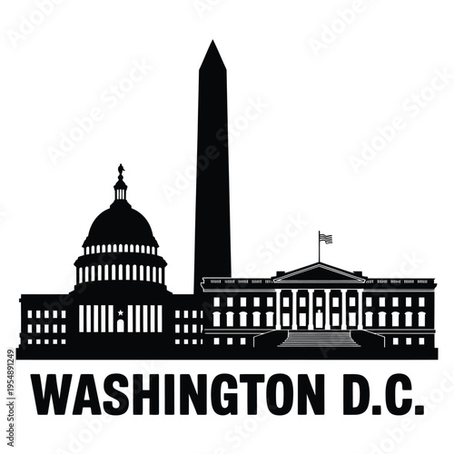 A black silhouette of washington d c landmarks including the capitol and obelisk