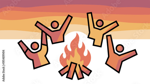 Five people celebrating around a campfire at sunset