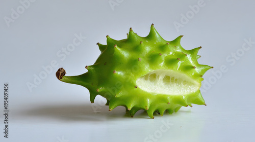 Cross-section of a spiky green fruit against white background