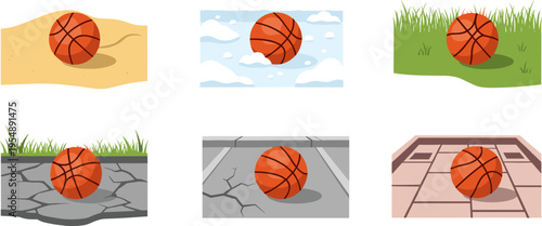 Basketball on Different Surfaces Set with Sand Water Grass Concrete Road and Tile Floor Vector Illustration for Sports Environment Background and Game Design Projects