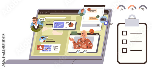 Online learning, team collaboration, video conferencing, remote work, data analysis, digital communication. Laptop video calls, analytics chats. Online learning and team collaboration concept