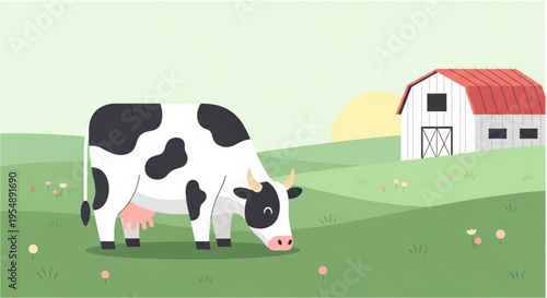 A happy spotted cow enjoying the nature pasture on a dairy farm.