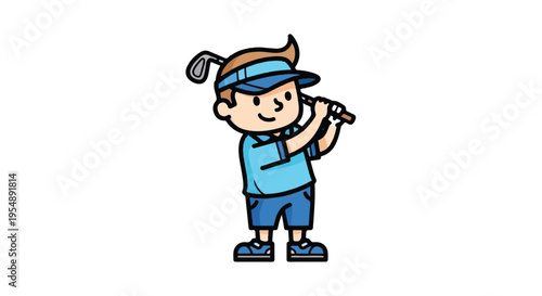 Cartoon golfer swinging club isolated on white background