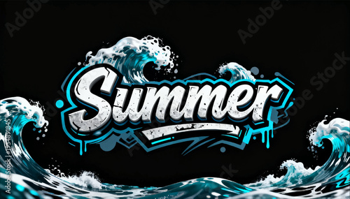 Vector illustration with the word Summer written on a black background in a bold, avant-garde graffiti style with 3D effects of abstract ocean wave elements.