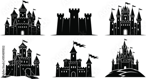  Medieval castle silhouette set with towers, walls and flags, fantasy fortress and fairy tale kingdom architecture icons, dark royal stronghold illustrations isolated on white background