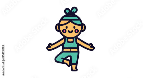 Cartoon yoga illustration person in tree pose on white background