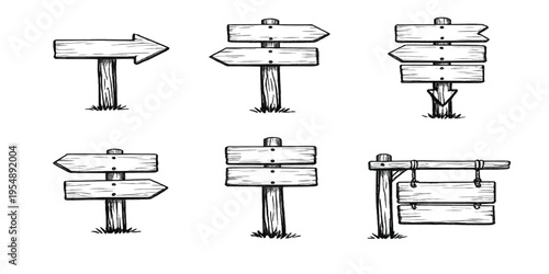 Hand drawn road sign. Doodle wooden signpost, sketch street direction pointer. Blank signboard with arrow vector isolates set