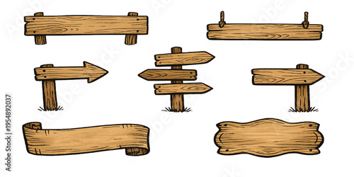 Hand drawn road sign. Doodle wooden signpost, sketch street direction pointer. Blank signboard with arrow vector isolates set