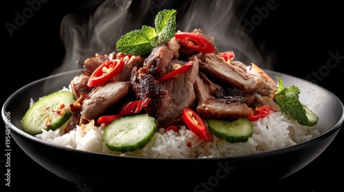 Steaming Bowl of Aromatic Beef Dish Served with Rice, Fresh Herbs, Spicy Peppers, and Crisp Cucumbers Against Dark Background