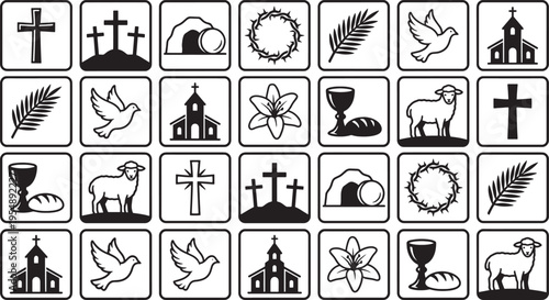 An arrangement of religious icons presents a collection of symbols associated with the Christian faith, each representing a significant element of the Christian narrative.